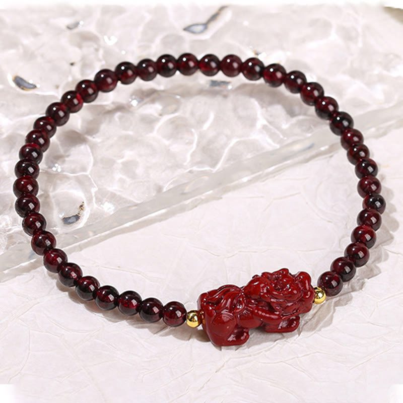 Fortune Jewel Garnet Cinnabar PiXiu Strawberry Quartz Square Bead Protection Bracelet