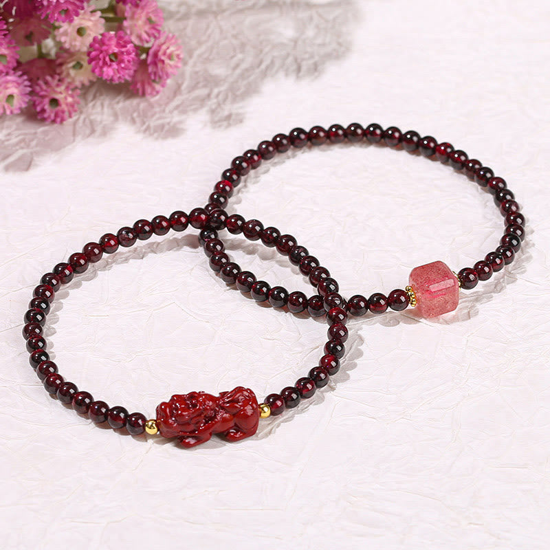 Fortune Jewel Garnet Cinnabar PiXiu Strawberry Quartz Square Bead Protection Bracelet