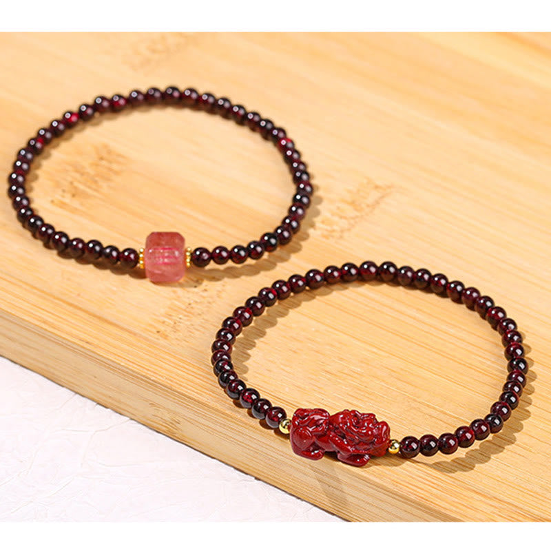 Fortune Jewel Garnet Cinnabar PiXiu Strawberry Quartz Square Bead Protection Bracelet