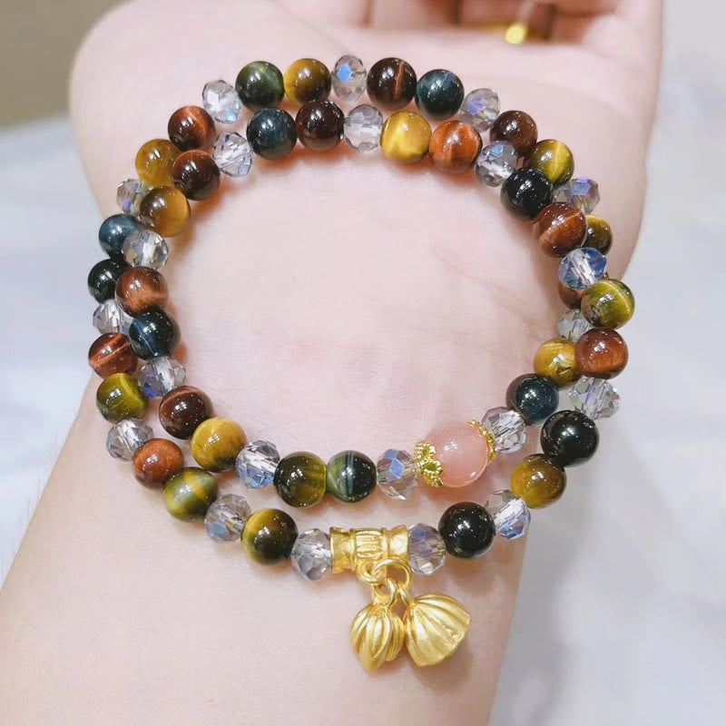 Fortune Jewel Colorful Tiger Eye Lotus Multi-circle Elastic Rope Protection Bracelet