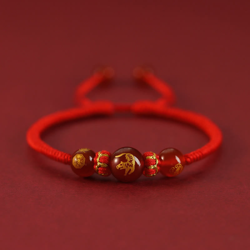 Fortune Jewel Handmade Red Agate Chinese Zodiac Red String Braided Protection Bracelet