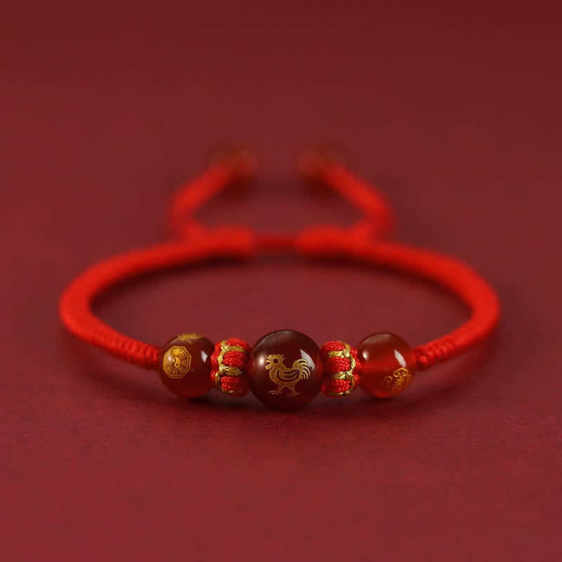 Fortune Jewel Handmade Red Agate Chinese Zodiac Red String Braided Protection Bracelet