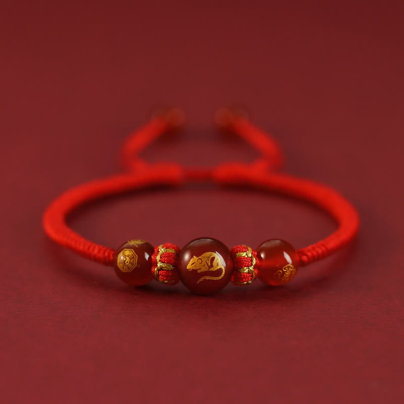 Fortune Jewel Handmade Red Agate Chinese Zodiac Red String Braided Protection Bracelet