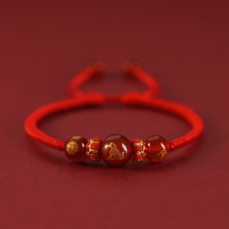 Fortune Jewel Handmade Red Agate Chinese Zodiac Red String Braided Protection Bracelet