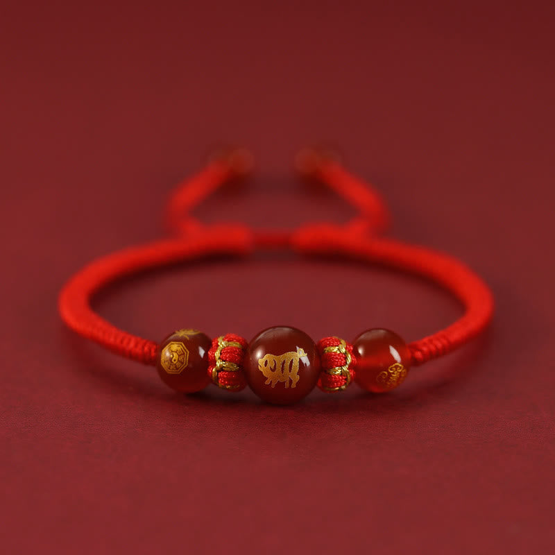 Fortune Jewel Handmade Red Agate Chinese Zodiac Red String Braided Protection Bracelet