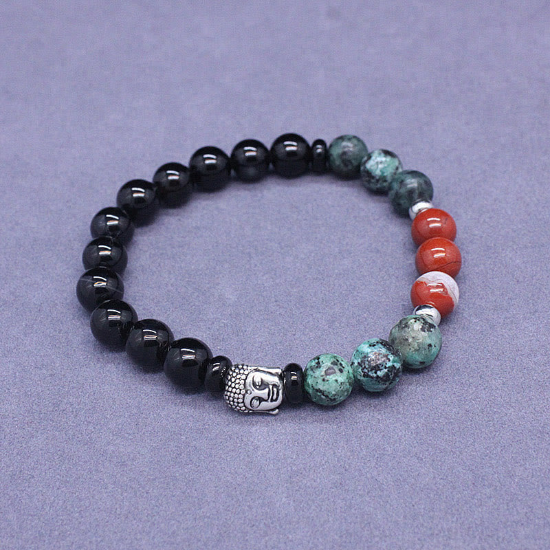 Fortune Jewel Natural Black Onyx White Stone Green Aventurine Tiger Eye Agate Mixed Color Buddha Head Protection Bracelet