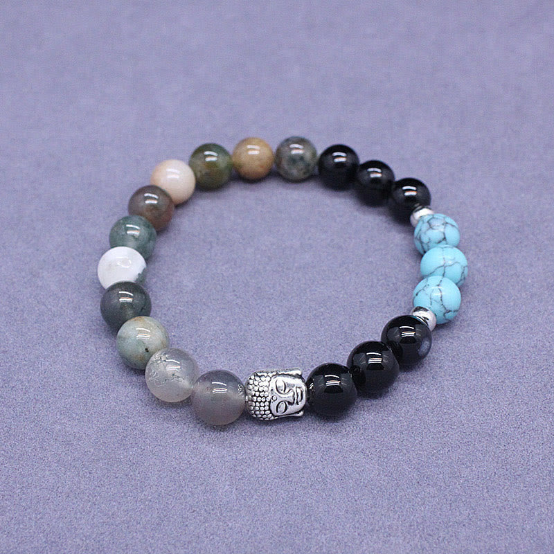 Fortune Jewel Natural Black Onyx White Stone Green Aventurine Tiger Eye Agate Mixed Color Buddha Head Protection Bracelet