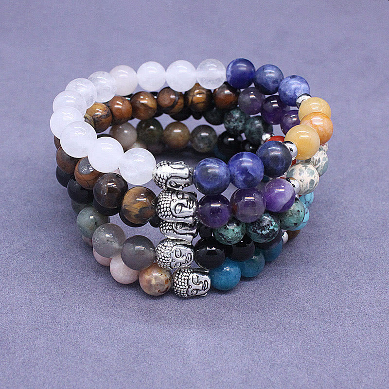 Fortune Jewel Natural Black Onyx White Stone Green Aventurine Tiger Eye Agate Mixed Color Buddha Head Protection Bracelet