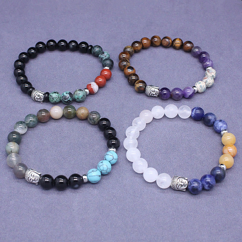 Fortune Jewel Natural Black Onyx White Stone Green Aventurine Tiger Eye Agate Mixed Color Buddha Head Protection Bracelet