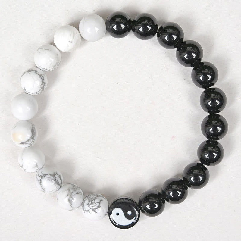 Fortune Jewel Natural Obsidian White Turquoise Yinyang Tai Chi Strength Bracelet