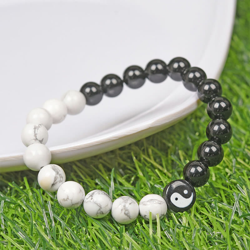 Fortune Jewel Natural Obsidian White Turquoise Yinyang Tai Chi Strength Bracelet