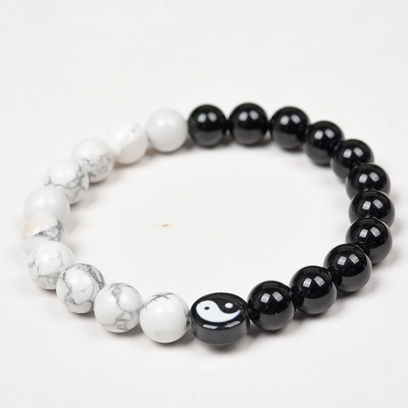 Fortune Jewel Natural Obsidian White Turquoise Yinyang Tai Chi Strength Bracelet