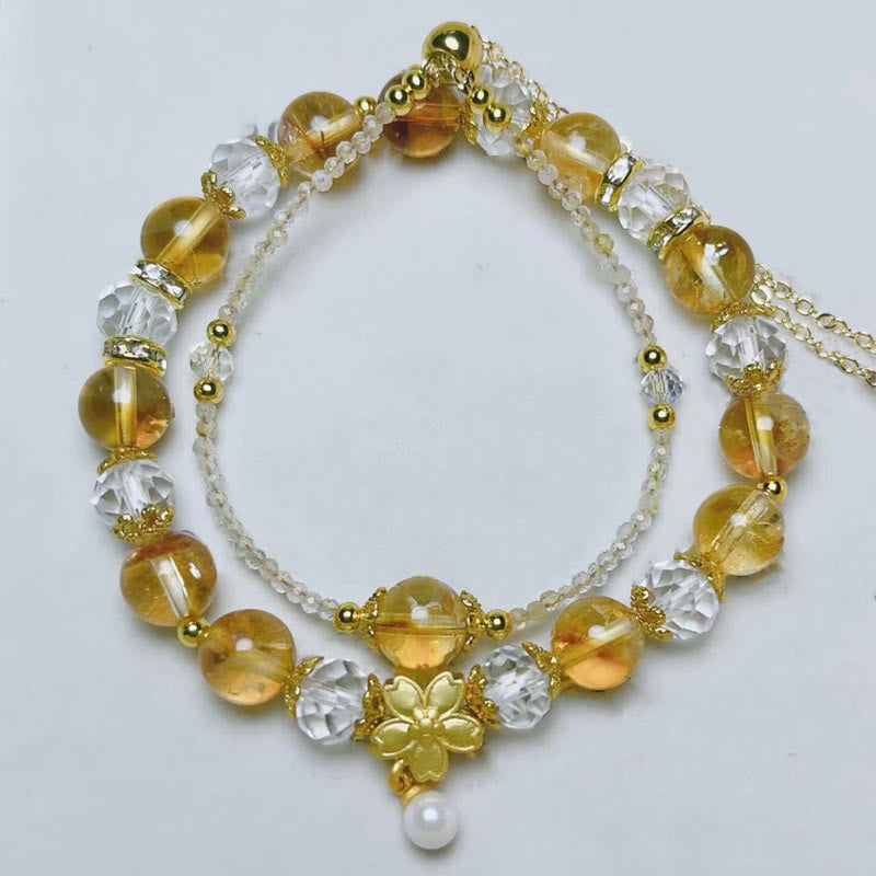 Fortune Jewel Natural Citrine Glass Beads Flower Multiple Layers Prosperity Bracelet