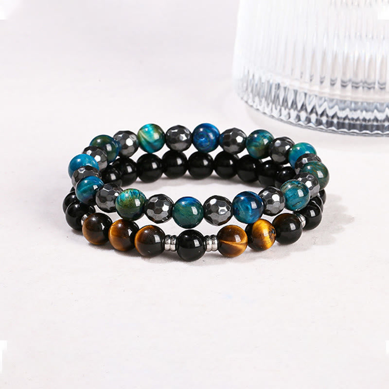 Fortune Jewel 2Pcs Hematite Tiger Eye Blue Tiger Eye Powerful Bracelet Set