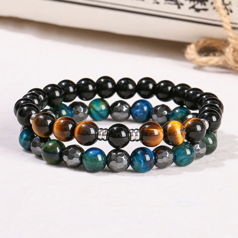 Fortune Jewel 2Pcs Hematite Tiger Eye Blue Tiger Eye Powerful Bracelet Set