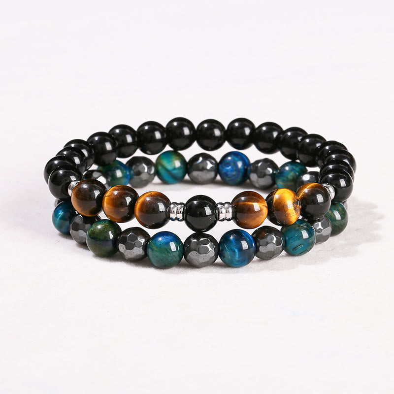Fortune Jewel 2Pcs Hematite Tiger Eye Blue Tiger Eye Powerful Bracelet Set