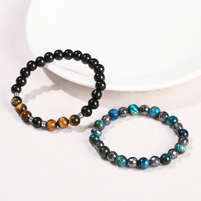 Fortune Jewel 2Pcs Hematite Tiger Eye Blue Tiger Eye Powerful Bracelet Set