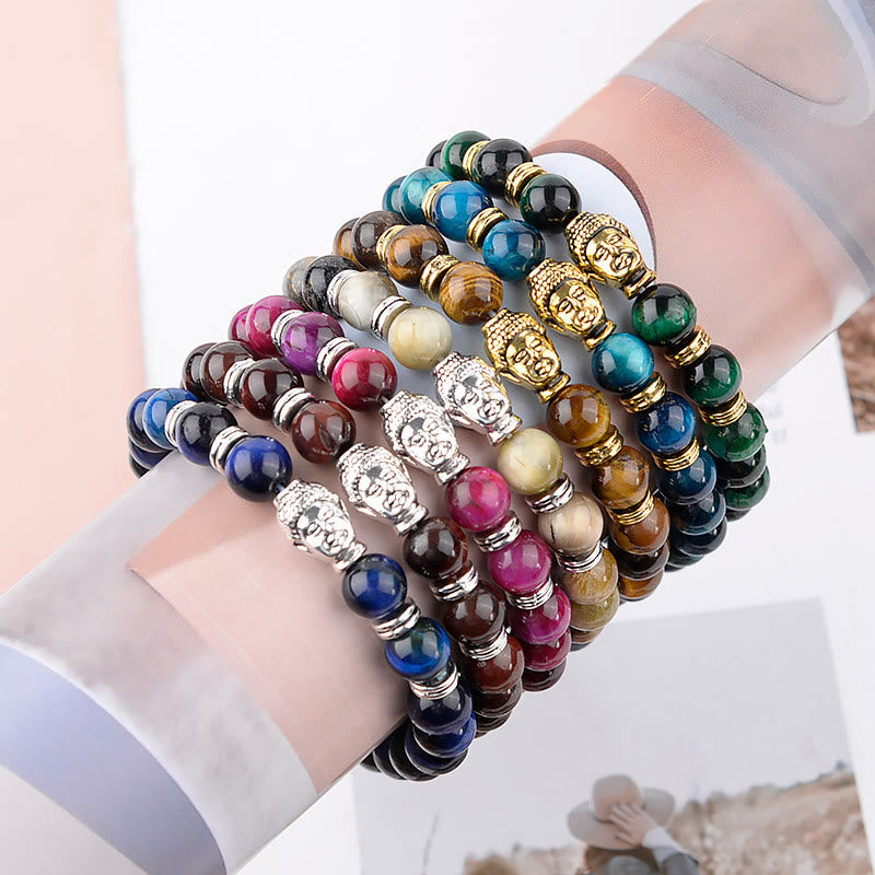Fortune Jewel Blue Green Red Tiger Eye Buddha Head Balance Bracelet