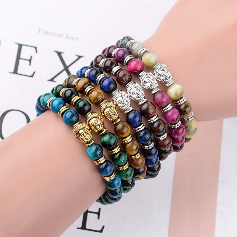 Fortune Jewel Blue Green Red Tiger Eye Buddha Head Balance Bracelet