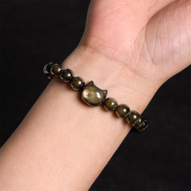 Fortune Jewel Gold Sheen Obsidian Silver Sheen Obsidian Lovely Paw Lucky Cat Protection Bracelet