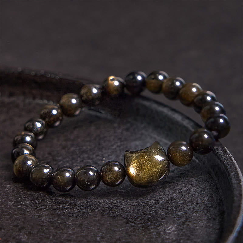 Fortune Jewel Gold Sheen Obsidian Silver Sheen Obsidian Lovely Paw Lucky Cat Protection Bracelet
