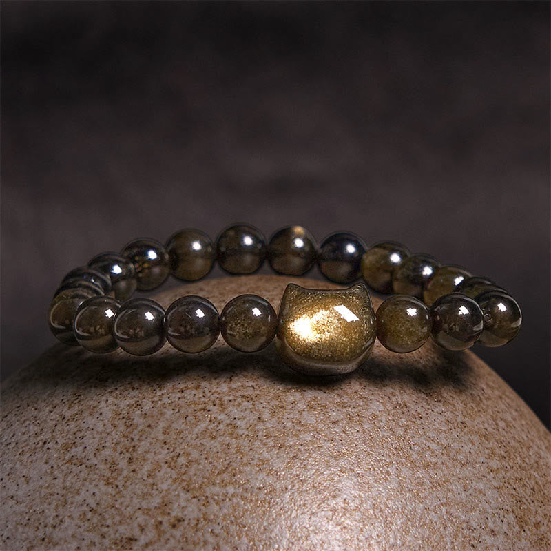 Fortune Jewel Gold Sheen Obsidian Silver Sheen Obsidian Lovely Paw Lucky Cat Protection Bracelet
