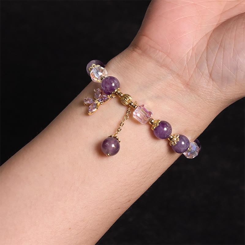 Fortune Jewel Natural Amethyst Crystal Spiritual Butterfly Charm Bracelet