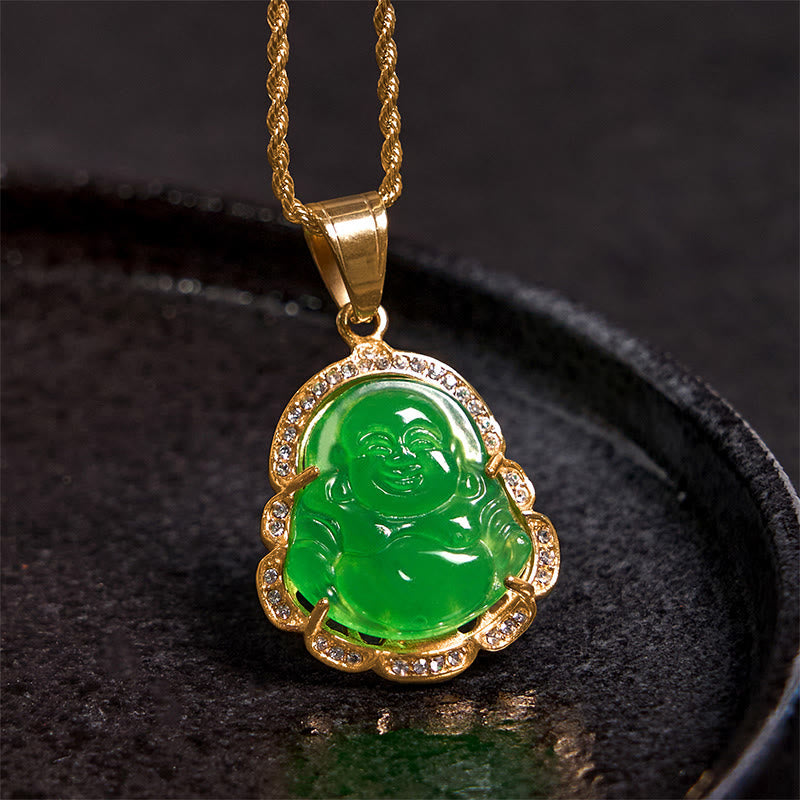 Fortune Jewel 18K Gold Filled Laughing Buddha Jade Luck Necklace Chain Pendant Fortune Jewel