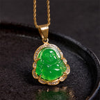 Fortune Jewel 18K Gold Filled Laughing Buddha Jade Luck Necklace Chain Pendant Fortune Jewel
