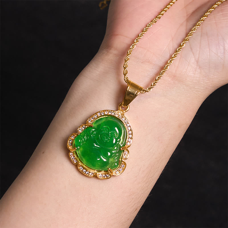 Fortune Jewel 18K Gold Filled Laughing Buddha Jade Luck Necklace Chain Pendant Fortune Jewel