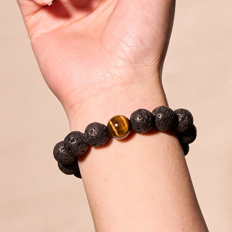 Fortune Jewel Lava Rock Tiger Eye Stone Peace Healing Bracelet