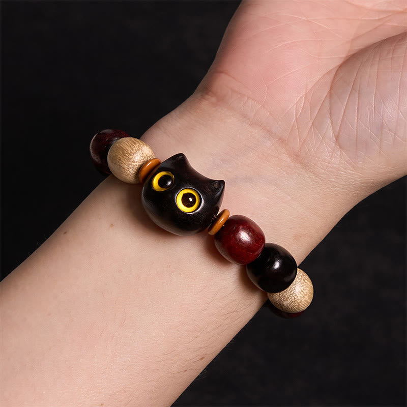 Fortune Jewel Small Leaf Red Sandalwood Ebony Wood Cute Cat Engraved Protection Bracelet