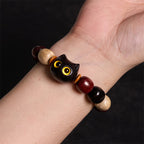 Fortune Jewel Small Leaf Red Sandalwood Ebony Wood Cute Cat Engraved Protection Bracelet