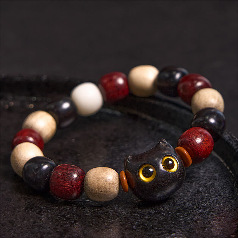 Fortune Jewel Small Leaf Red Sandalwood Ebony Wood Cute Cat Engraved Protection Bracelet