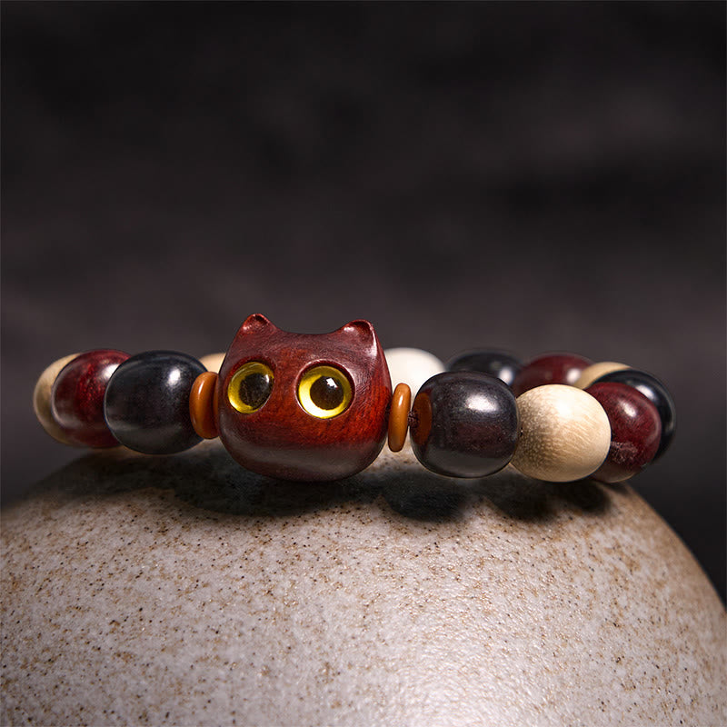 Fortune Jewel Small Leaf Red Sandalwood Ebony Wood Cute Cat Engraved Protection Bracelet