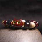 Fortune Jewel Small Leaf Red Sandalwood Ebony Wood Cute Cat Engraved Protection Bracelet