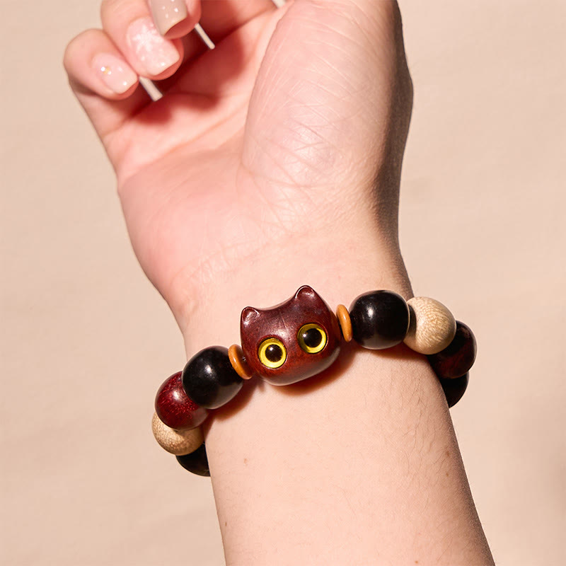 Fortune Jewel Small Leaf Red Sandalwood Ebony Wood Cute Cat Engraved Protection Bracelet