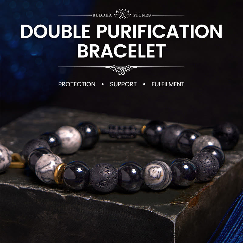 Fortune Jewel Black Obsidian Lava Rock Stone Yin Yang Strength Bracelet