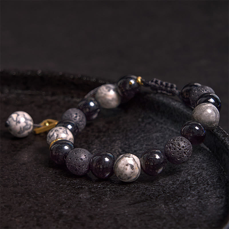 Fortune Jewel Black Obsidian Lava Rock Stone Yin Yang Strength Bracelet