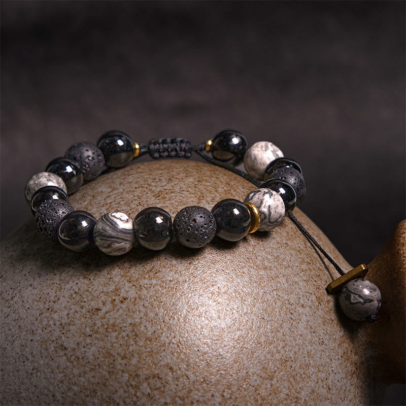 Fortune Jewel Black Obsidian Lava Rock Stone Yin Yang Strength Bracelet