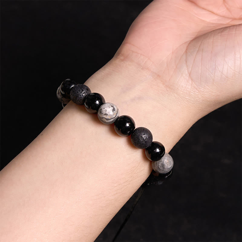 Fortune Jewel Black Obsidian Lava Rock Stone Yin Yang Strength Bracelet