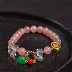 Fortune Jewel Strawberry Quartz Jade Fu Character Charm Healing Bracelet