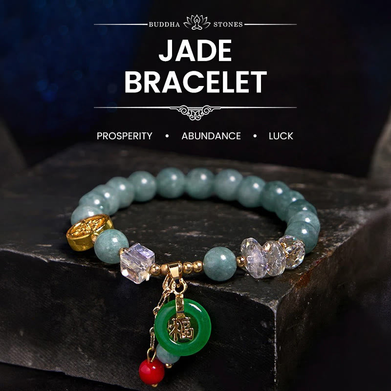 Fortune Jewel Strawberry Quartz Jade Fu Character Charm Healing Bracelet