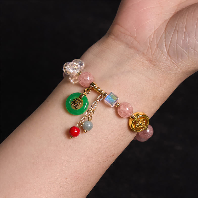 Fortune Jewel Strawberry Quartz Jade Fu Character Charm Healing Bracelet