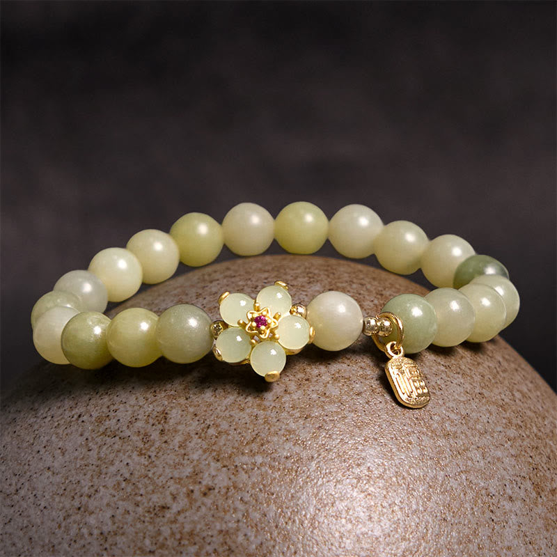 Fortune Jewel Green Jade Flower Fu Character Charm Luck Bracelet