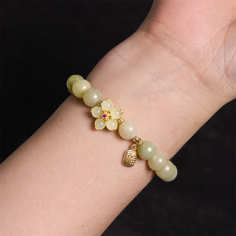 Fortune Jewel Green Jade Flower Fu Character Charm Luck Bracelet