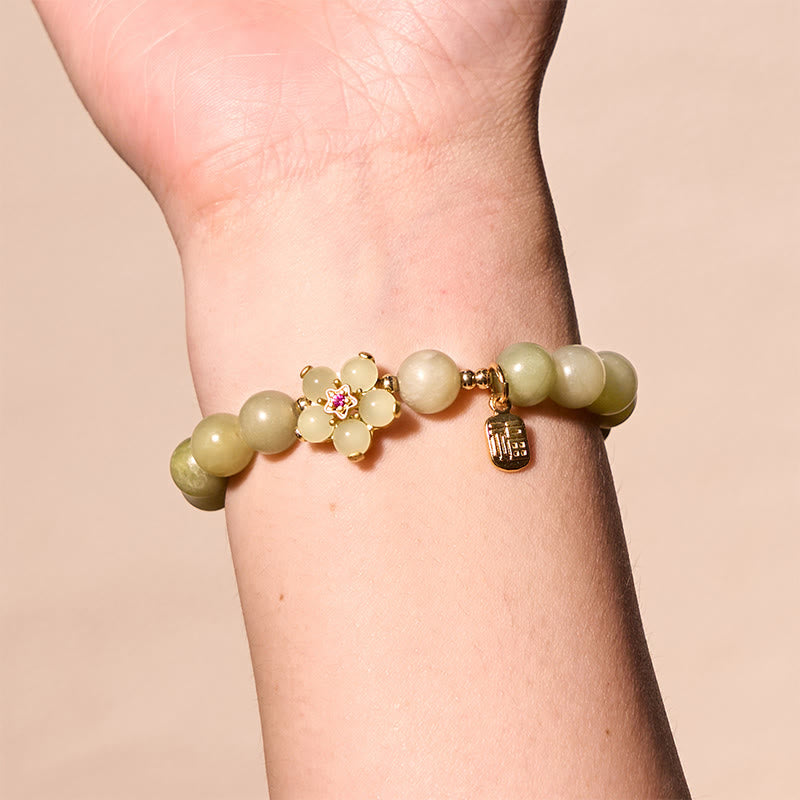 Fortune Jewel Green Jade Flower Fu Character Charm Luck Bracelet