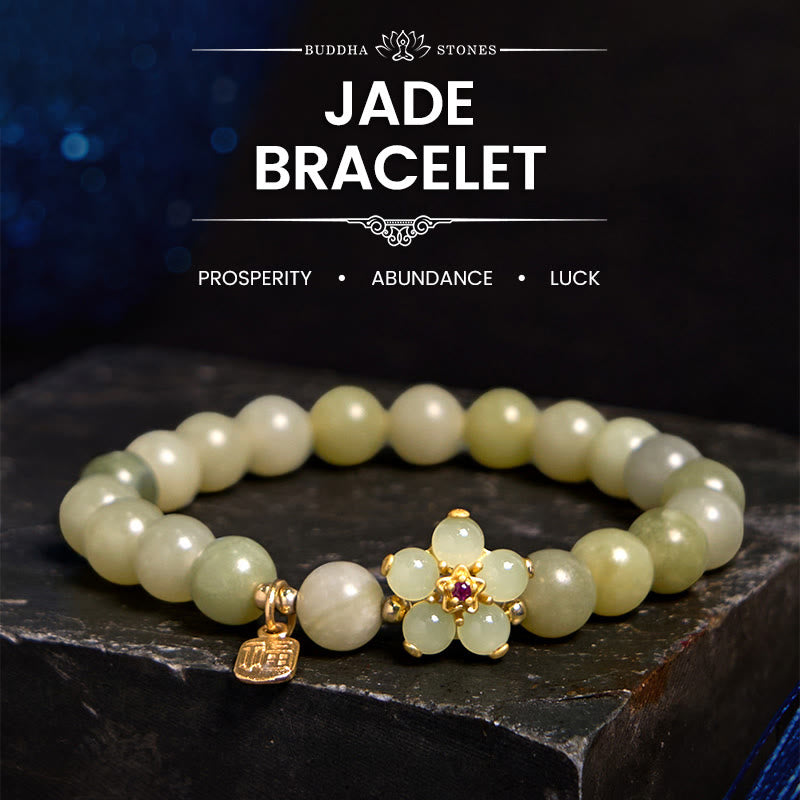Fortune Jewel Green Jade Flower Fu Character Charm Luck Bracelet