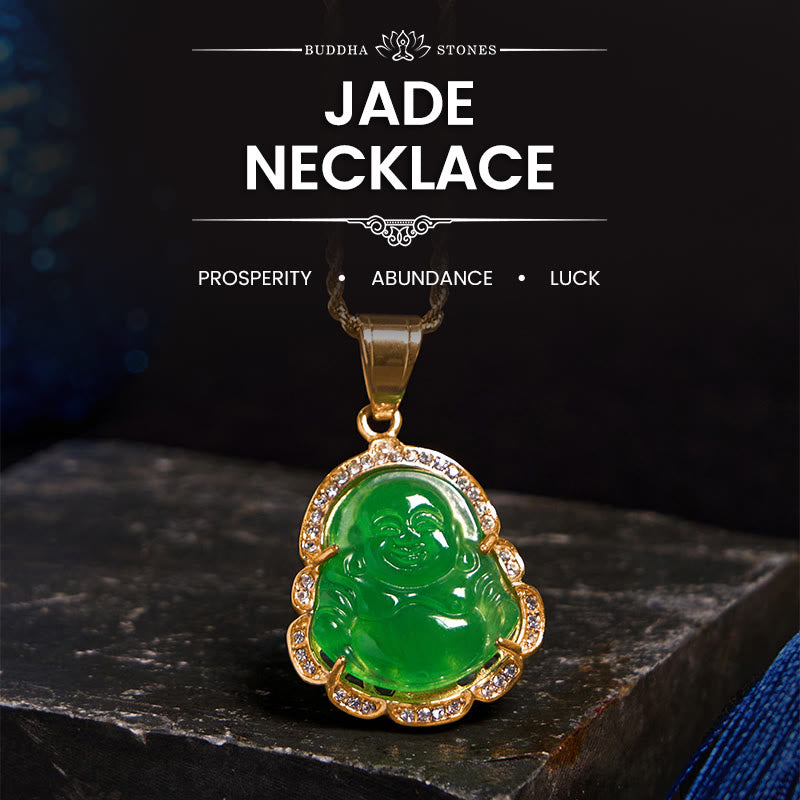 Fortune Jewel 18K Gold Filled Laughing Buddha Jade Luck Necklace Chain Pendant Fortune Jewel