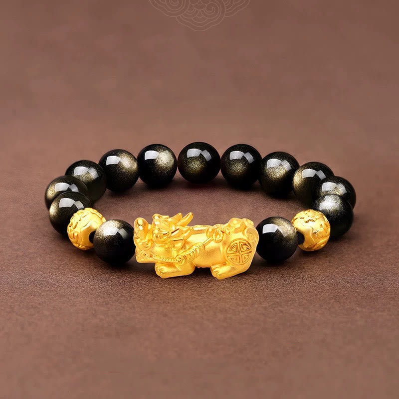Fortune Jewel Natural Gold Sheen Obsidian PiXiu Om Mani Padme Hum Wealth Bracelet